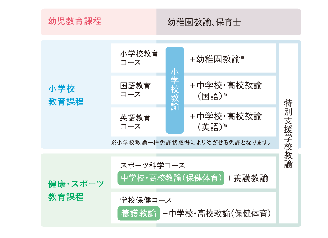 人間教育学科の主専攻（メジャー）と取得可能な免許・資格の対応表