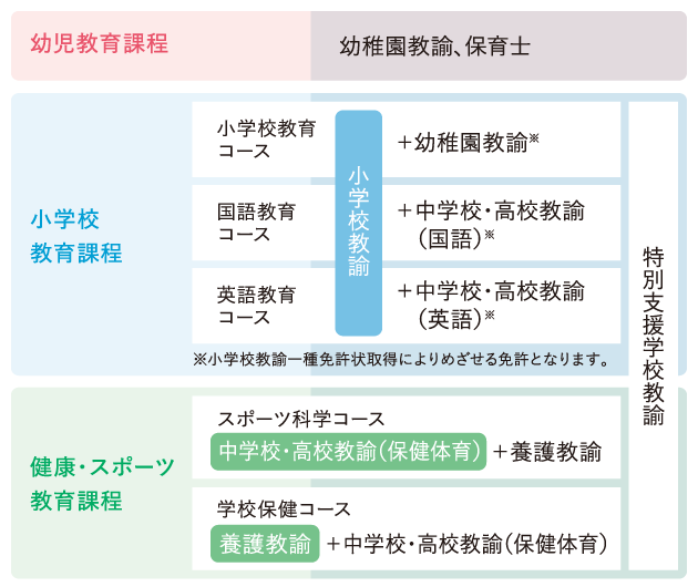 人間教育学科の主専攻（メジャー）と取得可能な免許・資格の対応表
