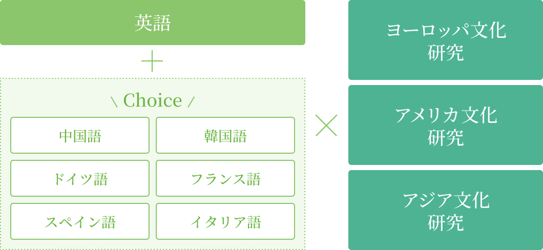 英語と選択言語、選択文化研究の組み合わせを示すフロー図