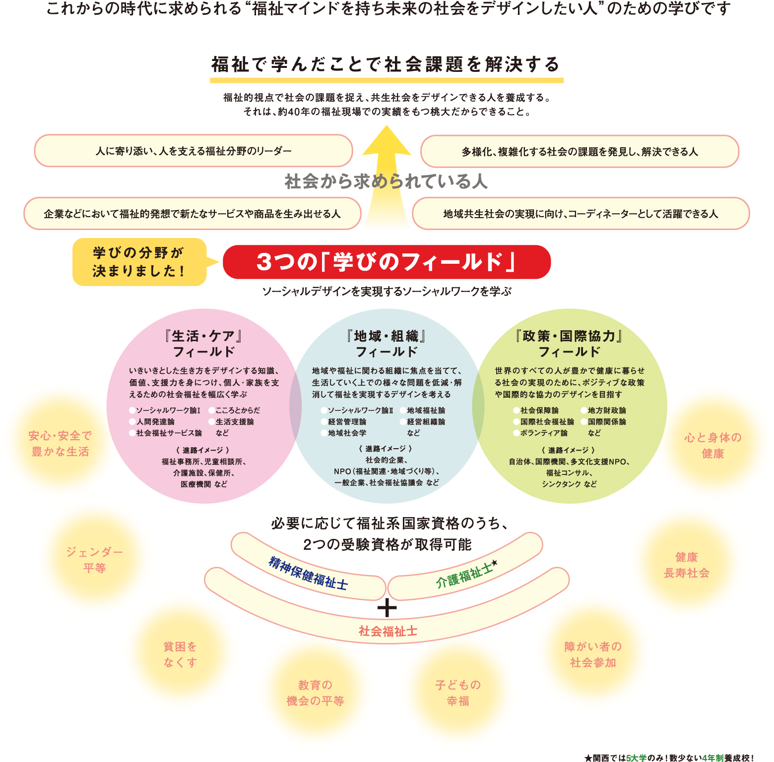 福祉で学んだことで社会課題を解決する　福祉的視点で社会の課題を捉え、共生社会をデザインできる人を養成する。それは、約40年の福祉現場での実績をもつ桃大だからできること。　社会から求められている人「人に寄り添い、人を支える福祉分野のリーダー」「多様化、複雑化する社会の課題を発見し、解決できる人」「企業などにおいて福祉的発想で新たなサービスや商品を生み出せる人」「地域共生社会の実現に向け、コーディネーターとして活躍できる人」　3つの「学びのフィールド」ーソーシャルデザインを実現するソーシャルワークを学ぶー　『生活・ケア』フィールド：いきいきとした生き方をデザインする知識、価値、支援力を身につけ、個人・家族を支えるための社会福祉を幅広く学ぶ　『地域・組織』フィールド：地域や福祉に関わる組織に焦点を当てて、生活していく上での様々な問題を低減・解消して福祉を実現するデザインを考える　『政策・国際協力』フィールド：世界のすべての人が豊かで健康に暮らせる社会の実現のために、ポジティブな政策や国際的な協力のデザインを目指す