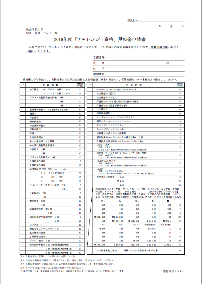 学習支援センター事務室からのお知らせ チャレンジ 資格奨励金 の申請など 15 お知らせ 桃山学院大学 学習支援センター